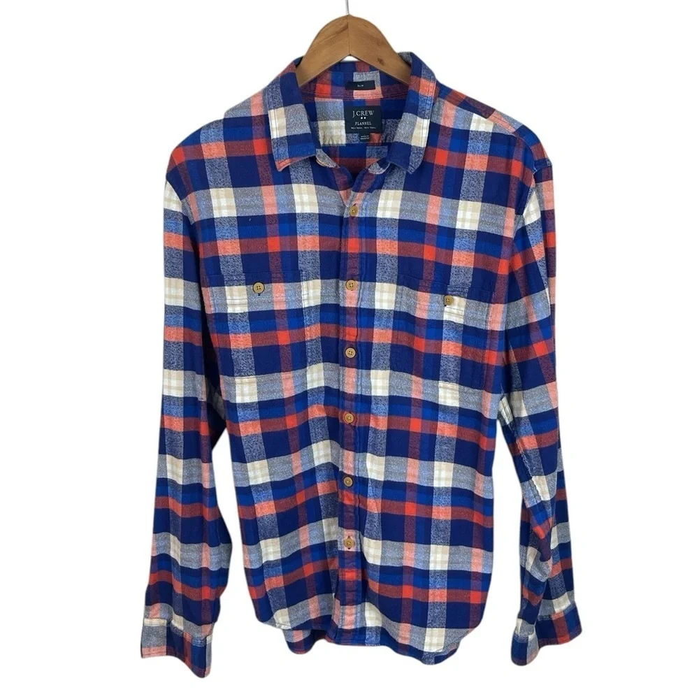 BF253 men’s J. Crew slim fit plaid flannel lumberjack, button-down shirt, L